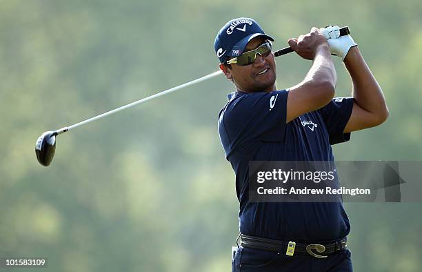 Michael Campbell of New Zealand tees off on the 16th hole during the first round of the Celtic Manor Wales Open on The Twenty Ten Course at The...