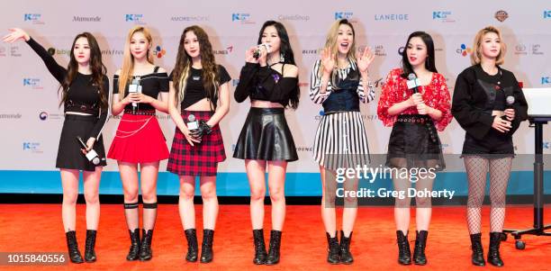 Featured Artist "Dreamcatcher" attends the Photo Op at KCON 2018 LA at Los Angeles Convention Center on August 11, 2018 in Los Angeles, California.