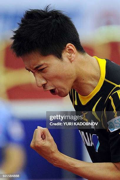 Japanese Kaii Yoshida reacts on May 28, 2010 during his men's quarter final match against Yuk Cheung of Hong-Kong at the 2010 World Team Table Tennis...