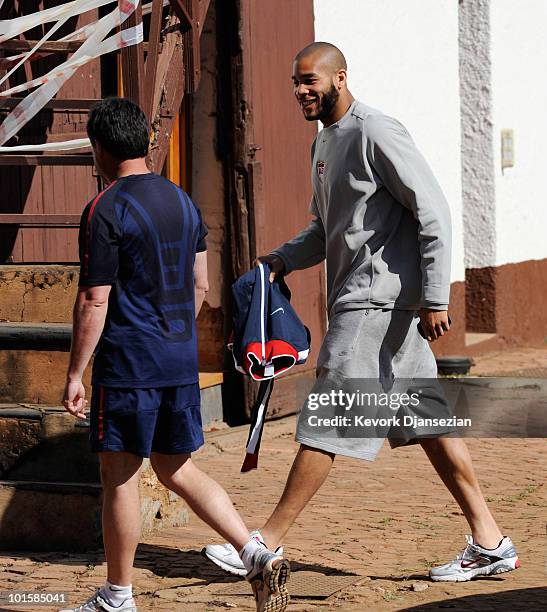 Oguchi Onyewu defender of US national soccer team speaks at a news conference at Irene Farm on June 3, 2010 in Irene near Pretoria, South Africa. US...