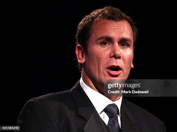 Wayne Carey addresses the audience after he was made an inductee of the AFL Hall of Fame at the 2010 Australian Football Hall of Fame induction...