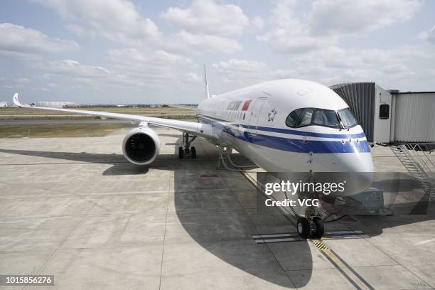 Air China's first Airbus A350 is seen at Toulouse Blagnac Airport on August 8, 2018 in Toulouse, France. Air China took delivery on Wednesday of its...