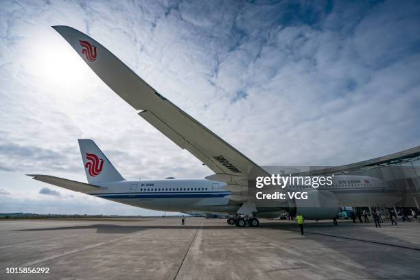 Air China's first Airbus A350 is seen at Toulouse Blagnac Airport on August 8, 2018 in Toulouse, France. Air China took delivery on Wednesday of its...