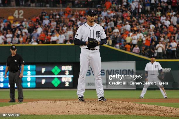 Pitcher Armando Galarraga of the Detroit Tigers sets to throw a pitch during a game against the Cleveland Indians on June 2, 2010 in Detroit,...