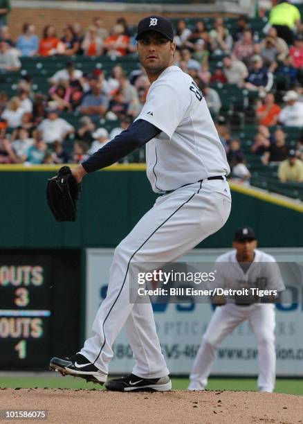 Pitcher Armando Galarraga of the Detroit Tigers throws a pitch during a game against the Cleveland Indians on June 2, 2010 in Detroit, Michigan....