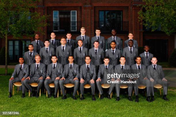 In this handout image supplied by the FA, the England World Cup 2010 squad, wearing their official Marks & Spencer suits Jermain Defoe, Joe Cole,...