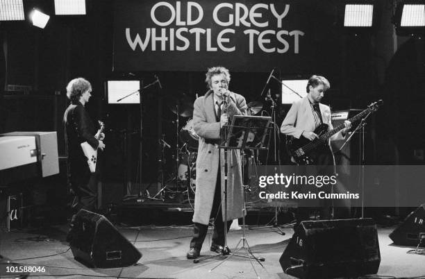 Guitarist Keith Levene, singer John Lydon and bassist Jah Wobble of Public Image Ltd perform on the BBC television show 'Old Grey Whistle Test'...