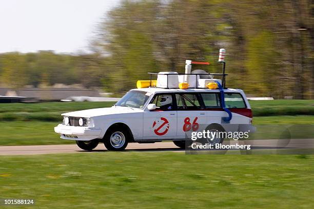 The VolvOwned team car, modeled after the car from the "Ghostbusters" movies, is driven during the 24 Hour of LeMons American Irony race at Gingerman...