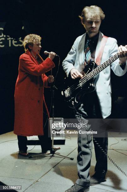 Singer John Lydon and bassist Jah Wobble of Public Image Ltd perform on the BBC television show 'Old Grey Whistle Test' filmed in Manchester, England...