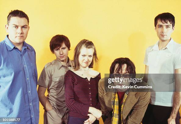 Pulp Group Posed group portrait of British band Pulp. Left to right are drummer ...