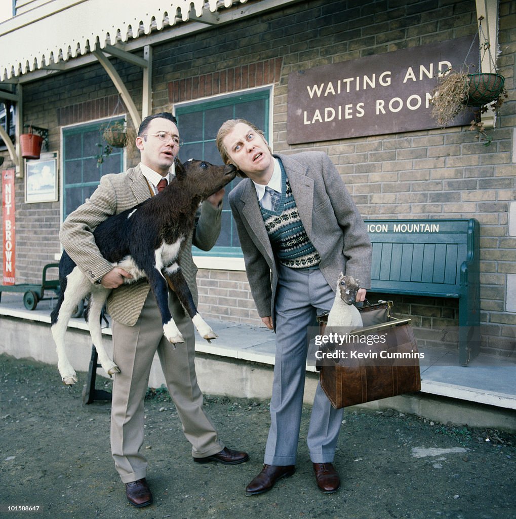 Posed portrait of British comedians Vic Reeves and Bob Mortimer with ...