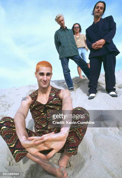 American band Porno for Pyros with singer Perry Farrell, drummer Stephen Perkins, bassist Martyn LeNoble and guitarist Peter DiStefano in 1993.