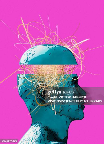 illustrazioni stock, clip art, cartoni animati e icone di tendenza di human head with brain activity, illustration - photo manipulation