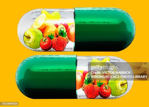 vitamin capsules, conceptual illustration - british food stock illustrations