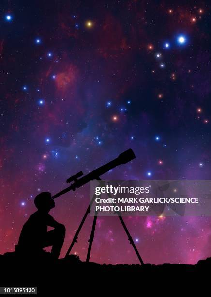 boy observing space, illustration - lighting technique stock illustrations