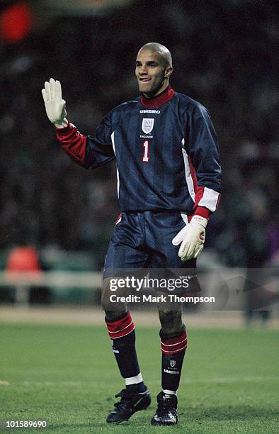 England footballer David James during an international friendly against Mexico at Wembley, 29th March 1997. England won 2-0.