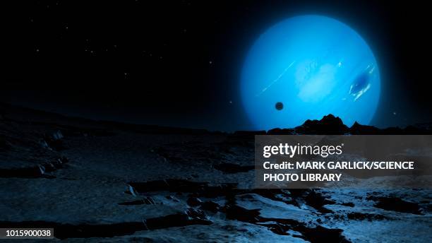 neptune from triton, illustration - planetary moon stock illustrations