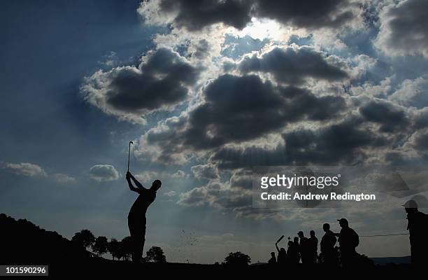 Rhys Davies of Wales plays his second shot on the 16th hole during the first round of the Celtic Manor Wales Open on The Twenty Ten Course at The...