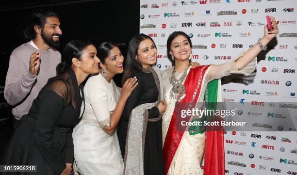 Rani Mukherjee sposes for a photo with the cast from Mahanati including Keerthy Suresh and Nag Ashwin during the Westpac IFFM Awards Night 2018 at...
