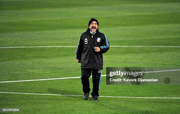 Diego Maradona head coach of Argentina national football yells instructions during training session on June 3, 2010 in Pretoria, South Africa....