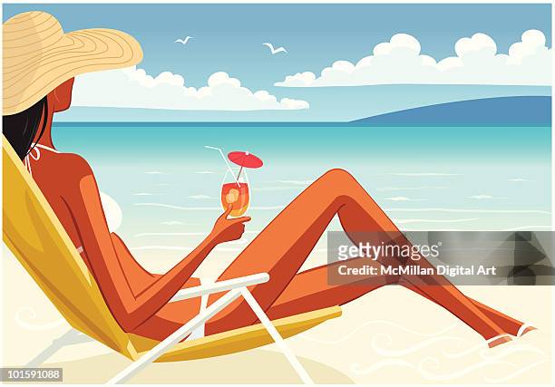 stockillustraties, clipart, cartoons en iconen met woman with drink sitting on beach - drinking water glass woman
