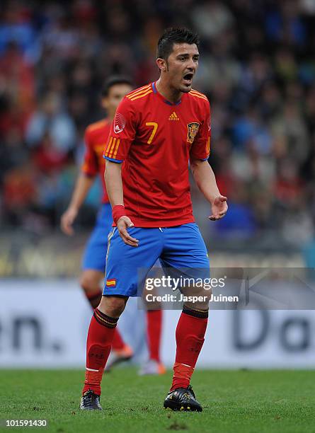 David Villa of Spain reacts during the International Friendly match between Spain and South Korea at Stadion Tivoli Neu on June 3, 2010 in Innsbruck,...