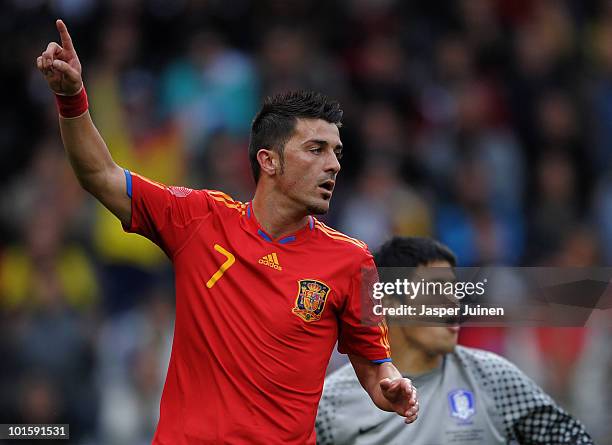 David Villa of Spain reacts during the International Friendly match between Spain and South Korea at Stadion Tivoli Neu on June 3, 2010 in Innsbruck,...