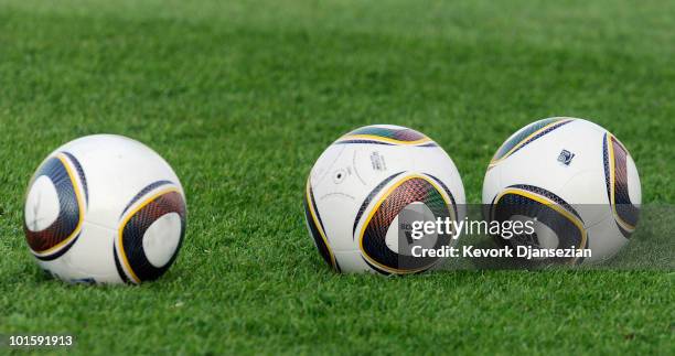 The new 2010 World Cup soccer balls are seen during a training session of US national soccer team at Pilditch Stadium on June 3, 2010 in Pretoria,...