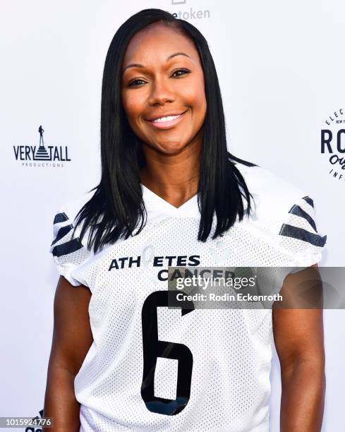 Carmelita Jeter arrives at the 5th Annual Athletes vs Cancer Celebrity Flag Football Game at Fairfax High School on August 12, 2018 in Los Angeles,...