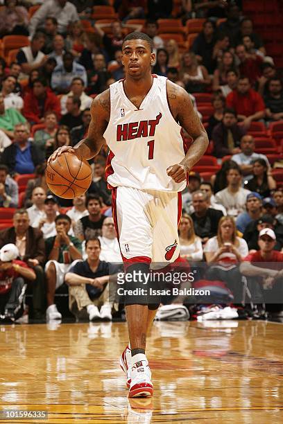 Dorell Wright of the Miami Heat moves the ball upcourt during the game against the Los Angeles Clippers on March 10, 2010 at American Airlines Arena...