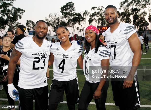 Tank, Brittney Elena, Carmelita Jeter and Kerry Rhodes participate in the 5th annual Athletes vs Cancer Celebrity Flag Football Game on August 12,...