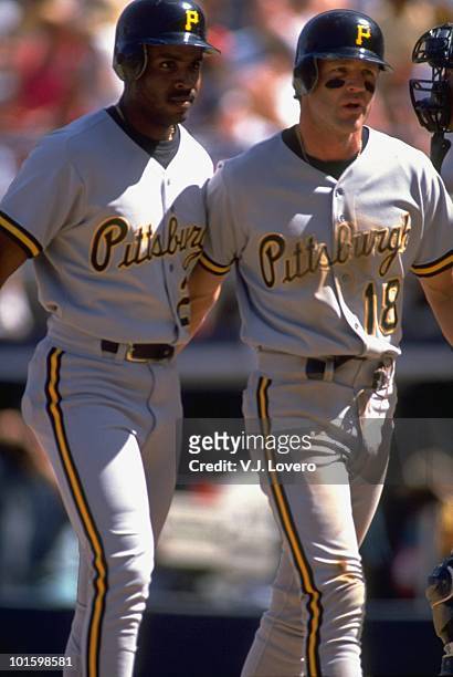 Pittsburgh Pirates Barry Bonds and Andy Van Slyke during game vs San Diego Padres. San Diego, CA 8/30/1992 CREDIT: V.J. Lovero