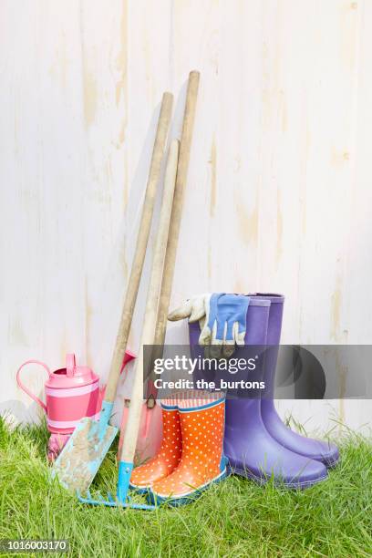 gardening equipment and rubber boots in front of wooden wall - purple glove stock-fotos und bilder