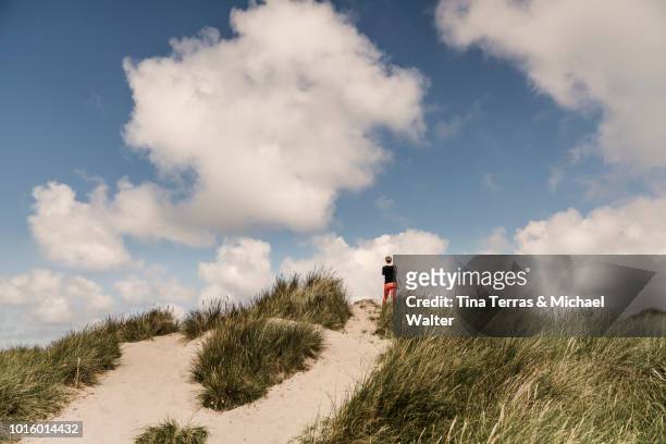 a woman is standing on a dune at the beach. sylt - isla de sylt fotografías e imágenes de stock