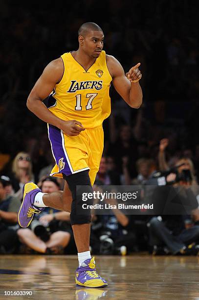 Andrew Bynum of the Los Angeles Lakers reacts in the first half against the Boston Celtics in Game One of the 2010 NBA Finals at Staples Center on...