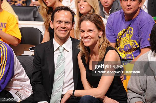 Actress Hilary Swank and John Campisi attend a game between the Boston Celtics and the Los Angeles Lakers in Game One of the 2010 NBA Finals on June...