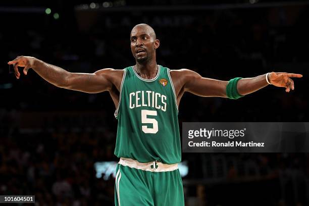 Kevin Garnett of the Boston Celtics directs a play in Game One of the 2010 NBA Finals against the Los Angeles Lakers at Staples Center on June 3,...