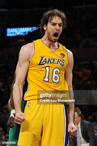 Pau Gasol of the Los Angeles Lakers reacts in the second half against the Boston Celtics in Game One of the 2010 NBA Finals at Staples Center on June...