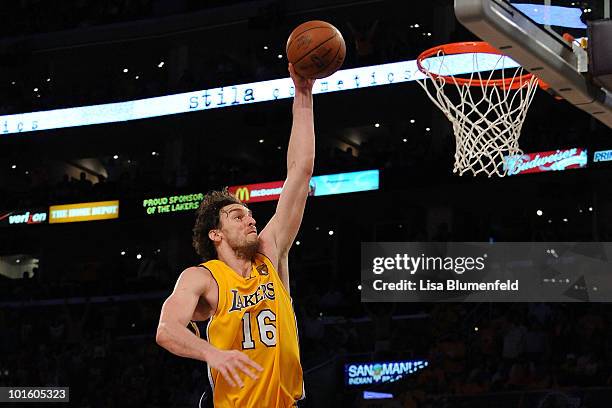 Pau Gasol of the Los Angeles Lakers dunks against the Boston Celtics in Game One of the 2010 NBA Finals at Staples Center on June 3, 2010 in Los...