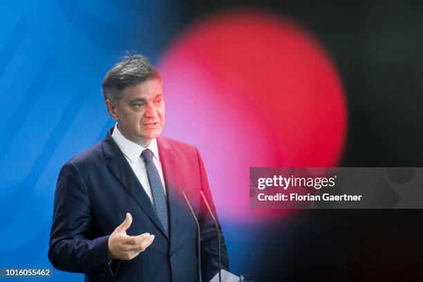 Denis Zvizdic, Chairman of the Council of Ministers of Bosnia and Herzegovina, is pictured during a press conference with German Chancellor Angela...