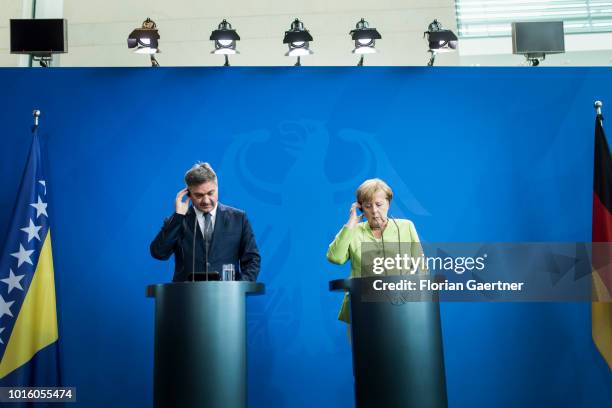 Denis Zvizdic , Chairman of the Council of Ministers of Bosnia and Herzegovina, is pictured during a press conference with German Chancellor Angela...