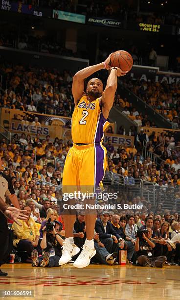 Derek Fisher of the Los Angeles Lakers shoots against the Boston Celtics in Game One of the 2010 NBA Finals on June 3, 2010 at Staples Center in Los...