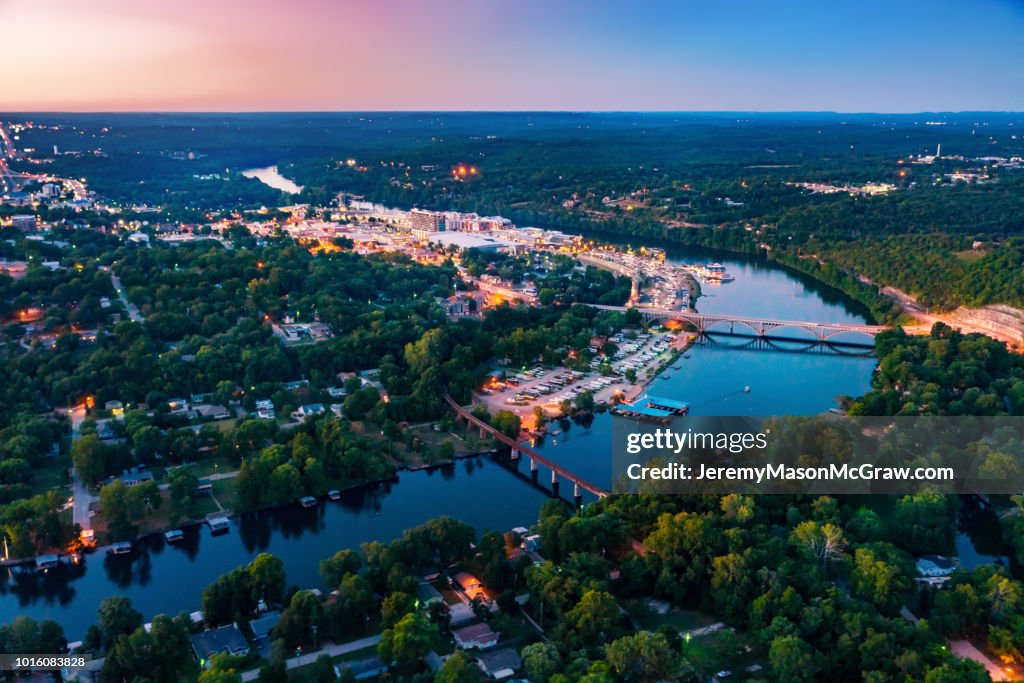 Night Aerial View of Downtown Branson, Missouri and Lake Tanycomo