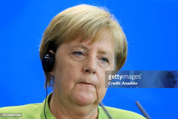 German Chancellor Angela Merkel is seen during joint press conference with Chairman of the Council of Ministers of Bosnia and Herzegovina Denis...