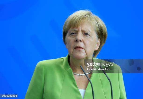 German Chancellor Angela Merkel is seen during joint press conference with Chairman of the Council of Ministers of Bosnia and Herzegovina Denis...
