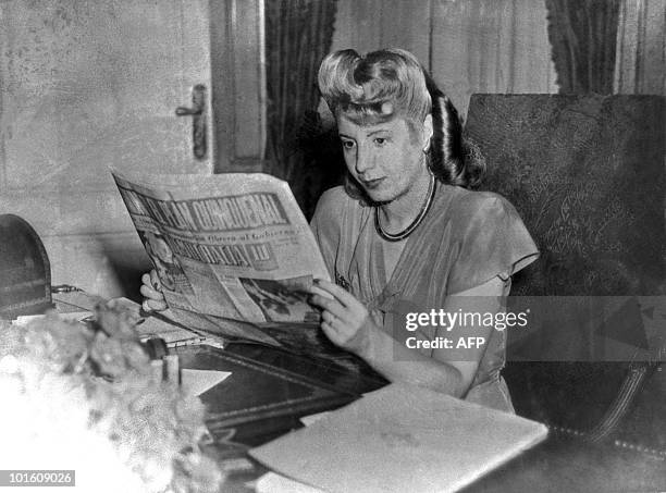 File picture taken in 1947 showing Eva Peron reading a newspaper. Eva Peron, known as Evita , the second wife of Argentine President Juan Peron, was...