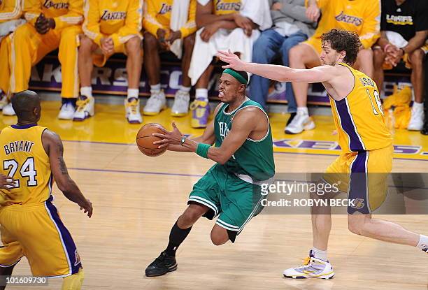 Boston Celtics Paul Pierce drives past LA Lakers Pau Gasol during Game 1 of the NBA Finals between the Los Angeles Lakers and the Boston Celtics at...