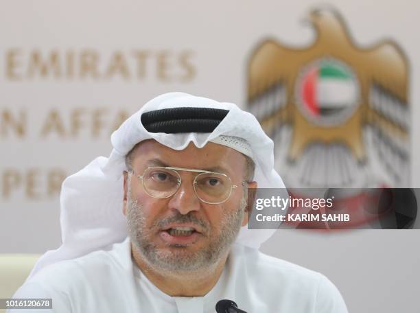 Emirati minister of state for foreign affairs, Anwar Gargash, speaks during a press conference in Dubai about the situation in Yemen on August 13,...