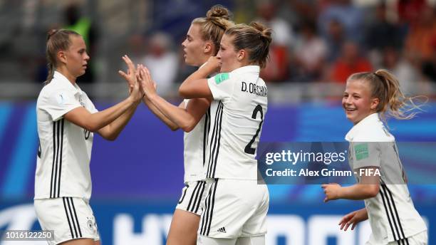 Laura Freigang of Germany celebrates her team's first goal during the FIFA U-20 Women's World Cup France 2018 group D match between Germany and Haiti...