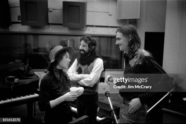 Singer-songwriter Carole King with record producer Lou Adler and James Taylor during the recording of her album 'Tapestry' at A&M Records Recording...